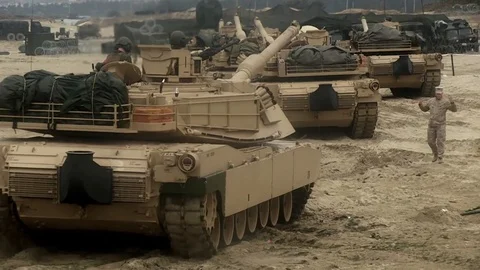 US Marines execute a tank off load from Landing Craft Air Cushion - 2014 Video stock 102114831