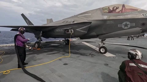 U.S. Marines F-35B Lightning II pilot testing all doors aboard USS America Stock Footage 283346347