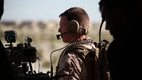 US Marines keep lookout during Close air support exercise in desert Stock Footage 151252006