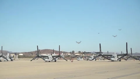 U.S. Marines MV-22 Ospreys approaching airfield at MCAS Miramar Stock Footage 293685016