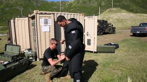 U.S. Marines participate in a non-lethal weapons fire demonstration - 2018 Stock Footage 94381822
