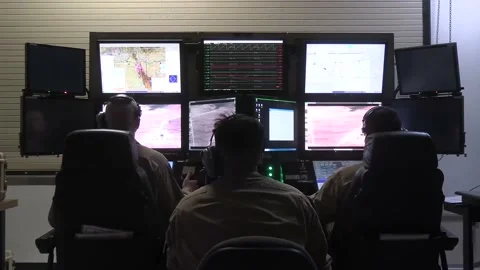 U.S. Marines sensor operators controlling MQ-9 Reaper UAV from virtual cockpit Stock-Footage 238818100