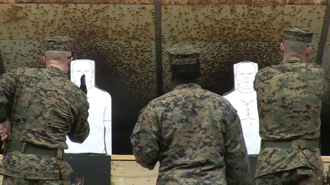 U.S. Marines shoot at targets for combat pistol training program at Camp Lejeune Stock Footage 82299234
