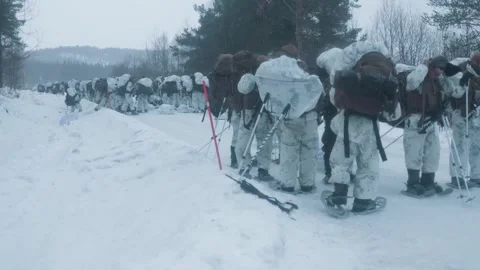 U.S. Marines waiting to set off on hike in snowy conditions in Norway Video stock 263294242