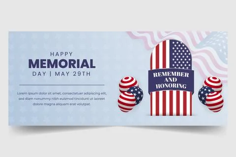 US Memorial Day May 29th horizontal banner with tombstone and flag pattern .. Stock Illustration