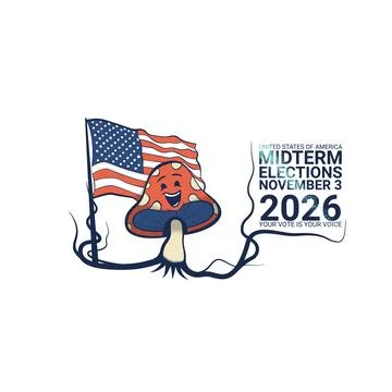 US Midterm Elections 2026  Illustration with Cartoon Mushroom and American .. Stock Illustration