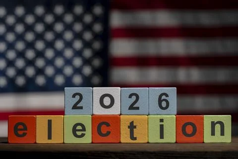 US midterms 2026 election concept with wooden blocks, closeup. The word ele.. Stock-Fotos