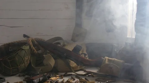 U.S. military equipment of World War II with smoke Stock Footage