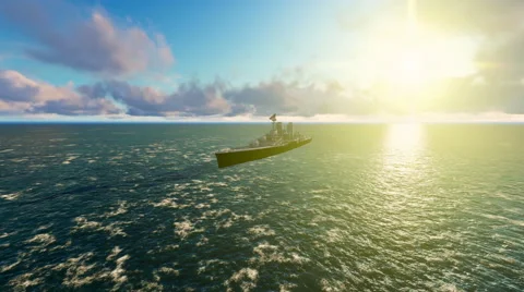 US Millitary Battleship Navigating at Sea,Beautiful Sunset Stock Footage 64517379