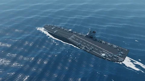Us navy aircraft carrier under way at speed aerial deep blue ocean loop Stock Footage 343850103