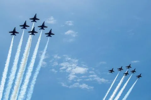 US Navy Blue Angels and US Air Force Thunderbirds Fly Over the National Mall, Stock Photos