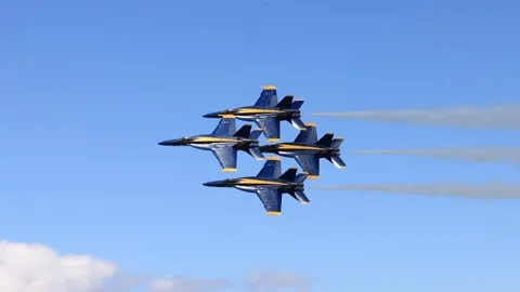 U.S. Navy Blue Angels demonstrating Diamond Formation maneuver Stock Footage 275894180