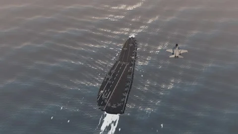 Us navy fighter jet launching off the carrier bow aerial golden hour ocean l Vídeos de archivo 343914352