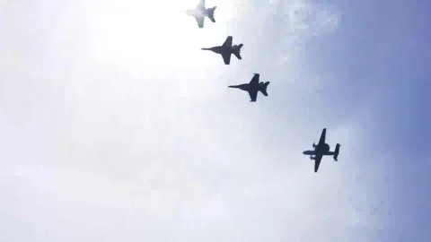 U.S. Navy formation flyover with A-10 and F/A-18 aircraft Stock Footage 277192723