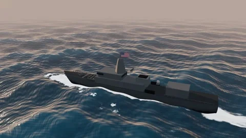 Us navy frigate on open ocean patrol aerial golden hour seascape loop Vídeos de archivo 343913988