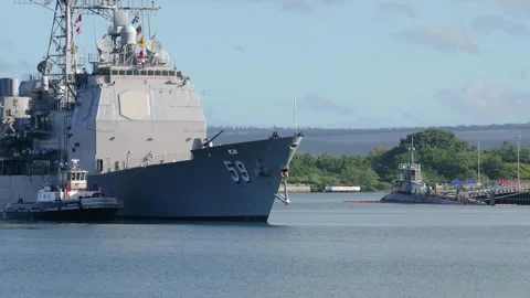 U.S. Navy guided-missile cruiser USS Princeton (CG 59) sailing at Pearl Harbor Stock Footage 278148036