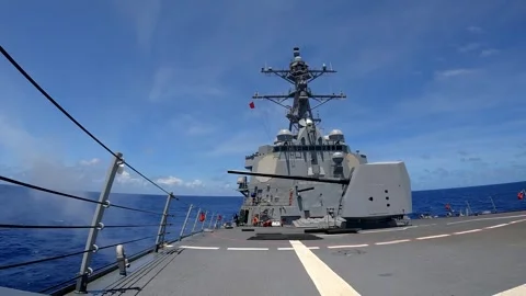 U.S. Navy guided missile destroyer USS Dewey (DDG 105) firing Mk 45 5-Inch Gun Stock Footage 285396670
