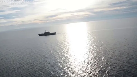 U.S. Navy ship in progress, performs combat mission Video stock 121028048