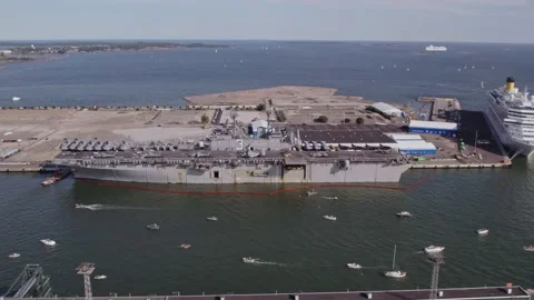 US navy ship USS Kearsarge LHD-3 docked in Hernesaari Stock Footage 219217809