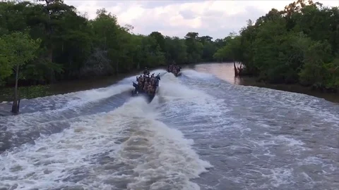 US Navy Special Warfare. Two Boats Sailing Aerial View Video stock 121890693