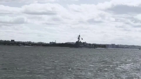 U.S. Navy USS John Basilone (DDG 122) arrives in New York Stock Footage 290507891