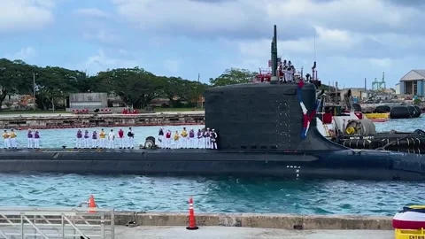 U.S. Navy Virginia-class submarine USS Minnesota arrives at U.S. Naval Base Guam Stock Footage 293567540