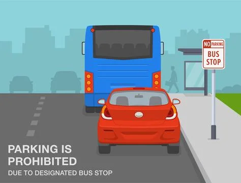 US "no parking, bus stop" sign meaning. Back view of a parked car in a bus stop. Stock Illustration