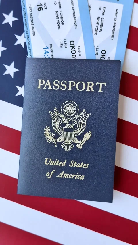 US passport or id document with tickets for flight, travel, border crossing. US  Stock Footage 317718706