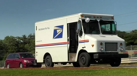 US Post office mail delivery van, traffic Stock Footage