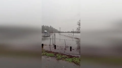 US: Raging Floodwaters Engulf Fall City Baseball Field Amid Atmospheric R... Stock Footage 323401531