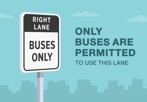 US "right lane buses only" sign meaning. Only buses are permitted to use. Stock Illustration