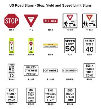 US road signs set - Stop, Yield and Speed Limit Signs, 19 signs with MUTCD .. Stock Illustration