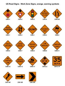 US road signs set - Work Zone Signs, orange, warning symbols, 23 signs with.. Stock Illustration