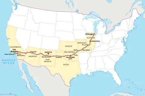 U.S. Route 66, or U.S. Highway 66, the Mother Road, political map Stock Illustration