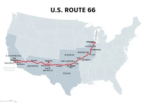 U.S. Route 66, or U.S. Highway 66, the Mother Road, gray political map Stock Illustration