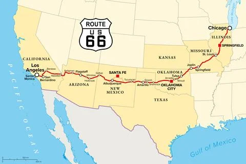 U.S. Route 66, or U.S. Highway 66, Mother Road, political map with shield Stock Illustration