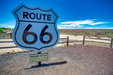 U.S. Route 66 signage (US 66 or Route 66), also known as the Will Rogers High Stock Photos