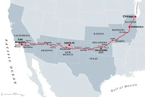 U.S. Route 66, U.S. Highway 66, the Mother Road, gray political map Stock Illustration