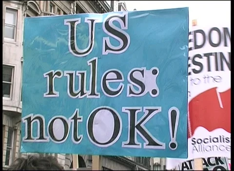 US Rules Not OK Banner at Anti-War Protest London  15th Feb 2003 Stock Footage 238089150