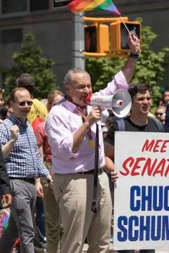 U.S. Senator Charles Ellis Chuck Schumer participates in NYC Pride March. Stock Photos