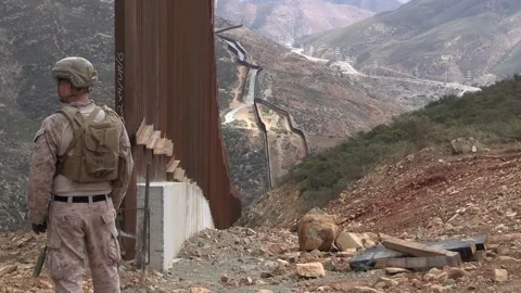 U.S. service member surveys the border wall from a hilltop during patrol Stock Footage 334377031
