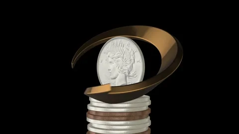 US Silver Peace Dollar on a stack of coins wrapped by a golden arrow Stock Footage 318968942