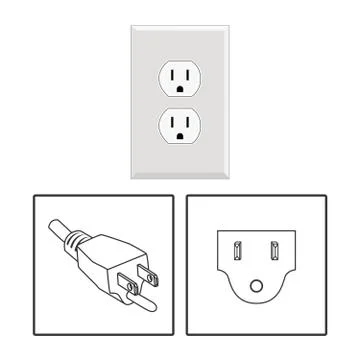 US socket and plug. Icon set. Three pin socket sheme isolated vector graphic 스톡 일러스트