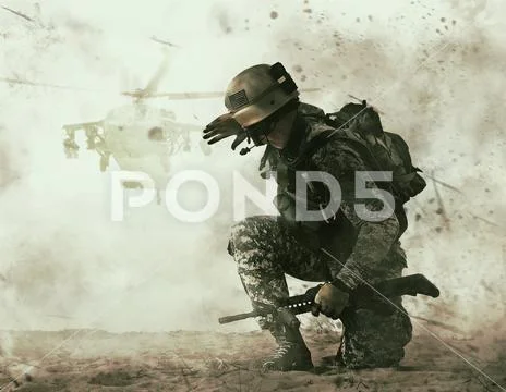 US soldier and combat helicopter approaching Stock Photos