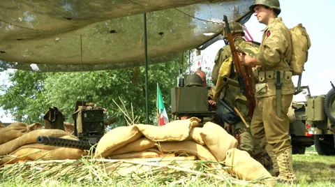 US soldiers at command post during a WWII reenactment Video stock 38811846