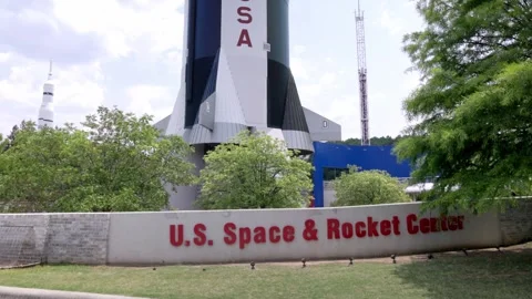 U.S. Space and Rocket Center sign and rocket in Huntsville, Alabama with Stock Footage 242396041