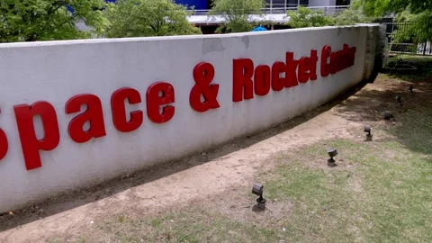 U.S. Space and Rocket Center sign in Huntsville, Alabama with gimbal video Stock Footage 242396307