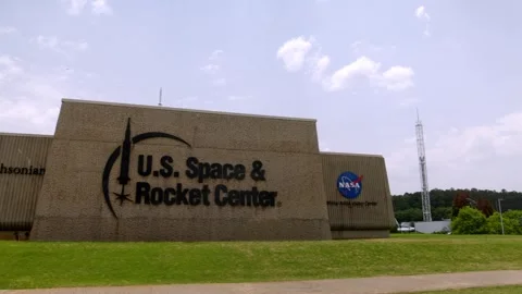 U.S. Space and Rocket Center building and sign in Huntsville, Alabama with Stock Footage 242396469