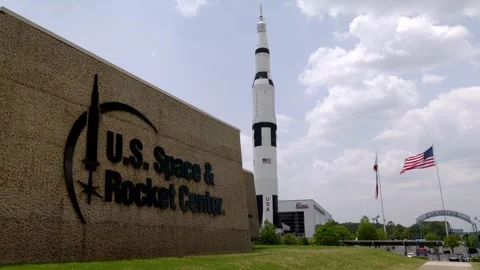 U.S. Space and Rocket Center building and sign in Huntsville, Alabama with Stock Footage 242401579