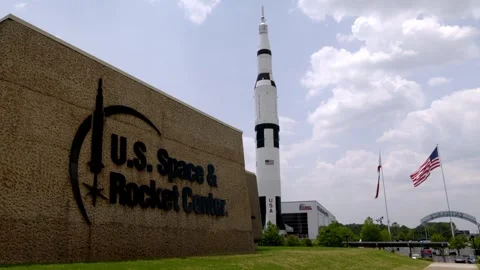 U.S. Space and Rocket Center building and sign in Huntsville, Alabama with Stock Footage 242401591